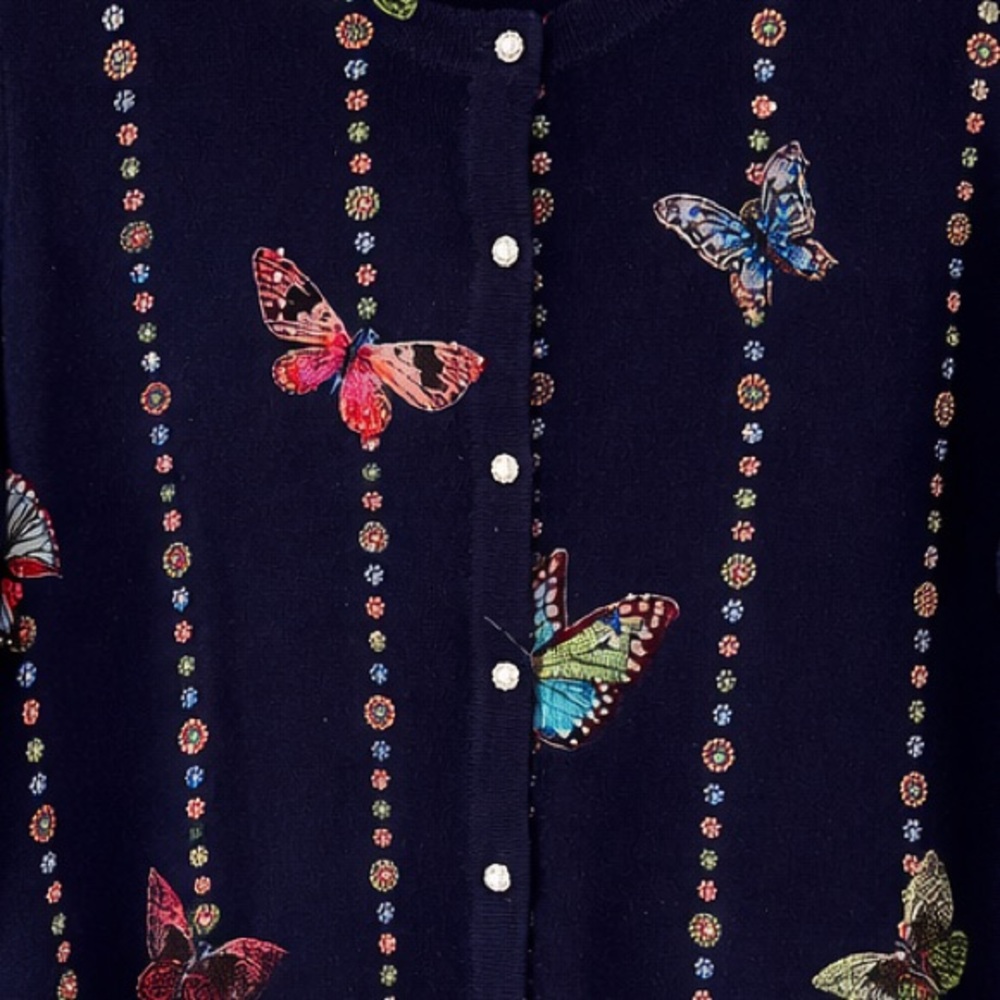 Viviani Collection Cashmere Wool Butterfly Embroidered Cardigan Navy Blue Size M - Picture 4 of 7